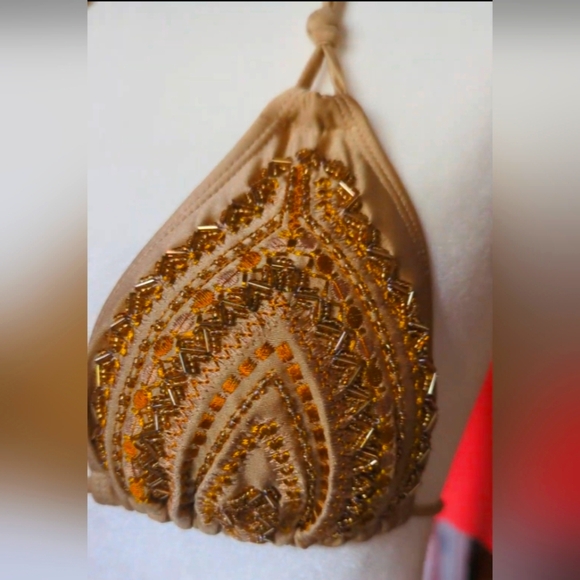 Handmade Columbian Embroidered and Beaded bikini. Sz. M. New. Gold - Picture 7 of 9